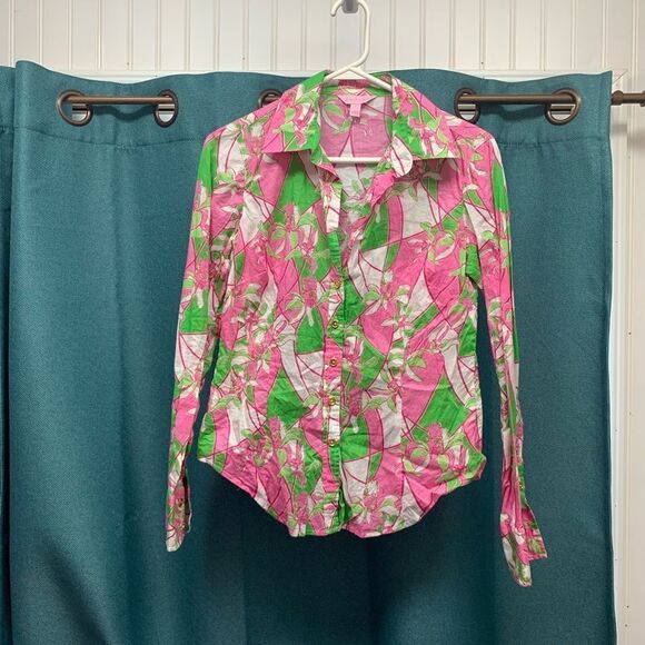 Lilly Pulitzer Resort Fit Tropical Button Shirt, Pink Green & White Size 4 - Picture 1 of 6
